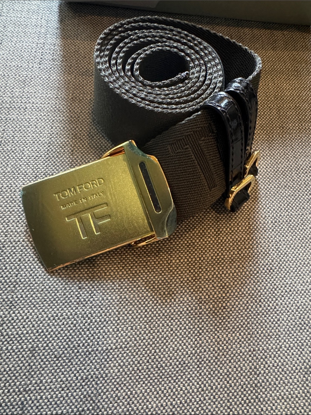 Tom Ford dark green and Gold Canvas Belt with TF Buckle